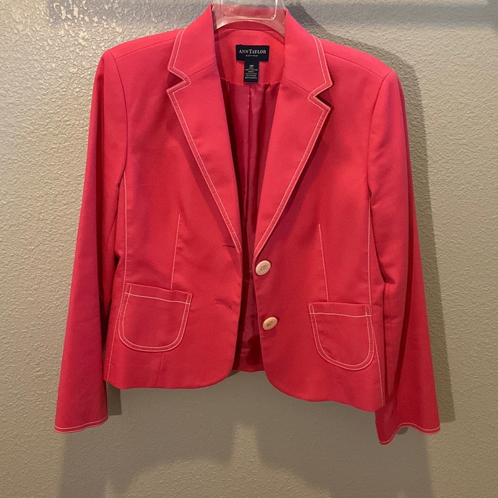 Ann Taylor Coral Pink Blazer with White Topstitching